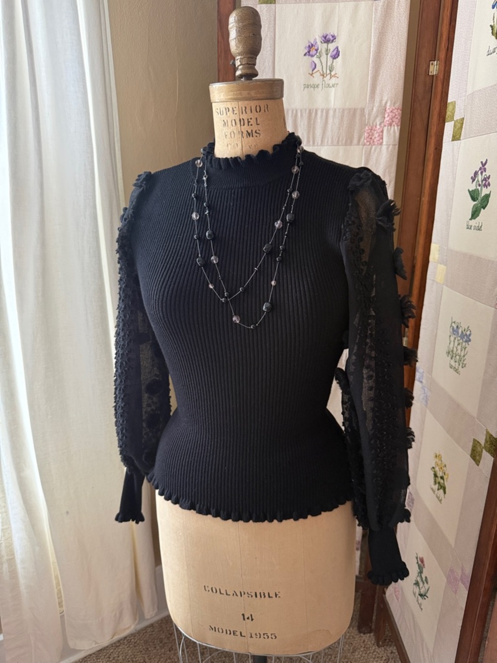 Almost Famous Black Puff Sleeve Top Sheer Textured Gothic Romantic + Necklace M